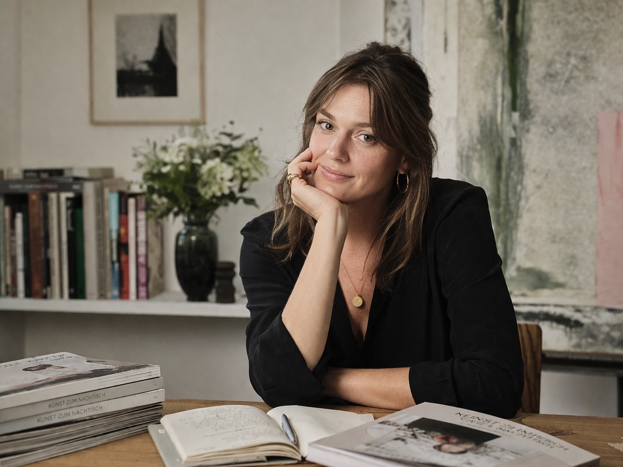 Porträt der Chefredakteurin Clara Weigand vom Magazin Kunst Zum Nachtisch in ruhiger, kunstinspirierter Arbeitsumgebung.
